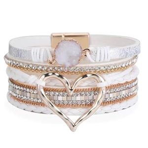 White Leather Multi Layer Heart Crystal Druzy Magnetic Bracelet